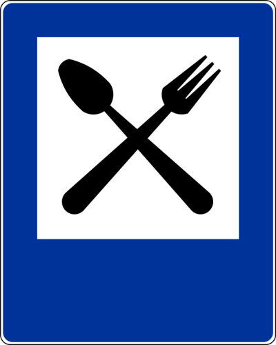 Znak informacyjny D-28 restauracja rozmiar 600X750 Średni folia Typ 1 na drogi gminne i powiatowe.