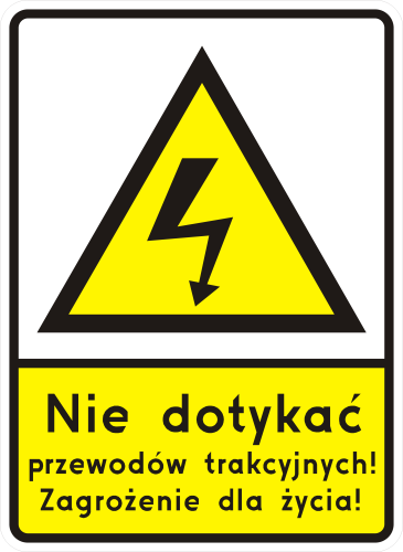 G-2 sieć pod napięciem typ 1 znak ostrzegawczy o trakcji elektrycznej umieszczany nad jezdnią lub przed torami.