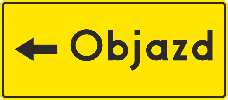 Znak F-9a Objazd lewo 530x1200 mm typ 2 tablica drogowa informująca o skręcie objazdu w trudnych warunkach.