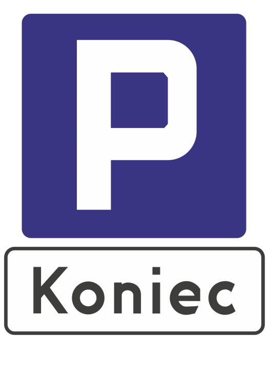 Zestaw znaków D-18 + T-3a typ 1 kompletne oznakowanie pionowe informujące o końcu miejsca przeznaczonego na postój.