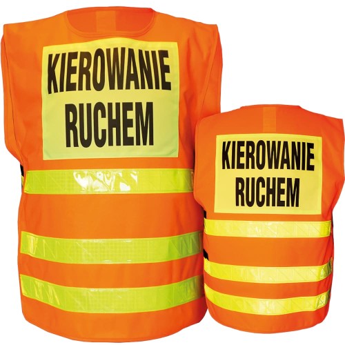 Kamizelka ostrzegawcza do kierowania ruchem specjalistyczna odzież certyfikowana z wyraźnym napisem dla służb drogowych i porządkowych.