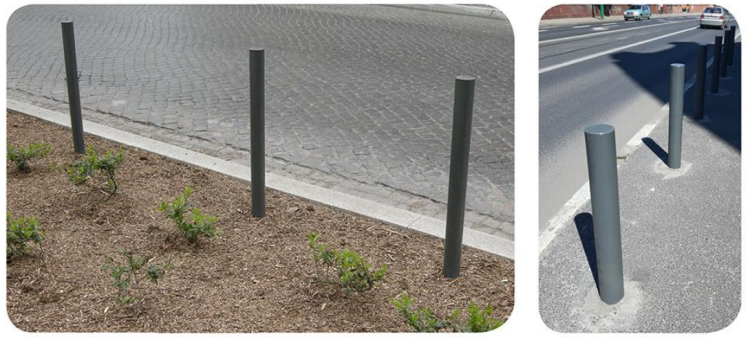 Słupek blokujący szary 7043 ZDM Poznań 76x1200 mm ozdobna rura do znaku o profilu miejskim.