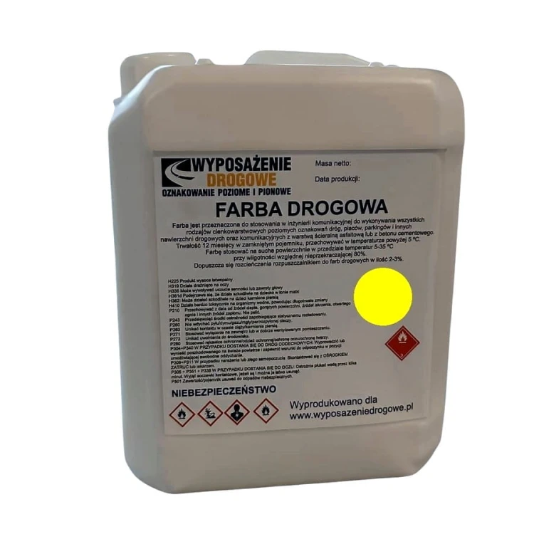 Farba drogowa żółta 5kg RAL 1023 jaskrawa farba akrylowa do malowania oznakowania poziomego tymczasowego i ostrzegawczego.