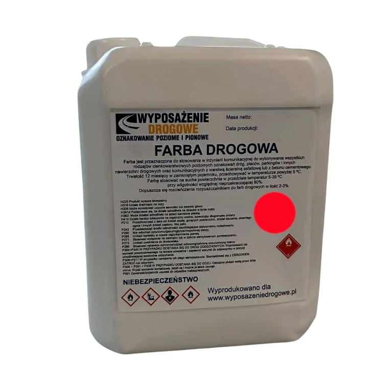 Farba drogowa czerwona 5kg RAL 3020 odporna na ścieranie farba do malowania pasów rowerowych i stref niebezpiecznych.