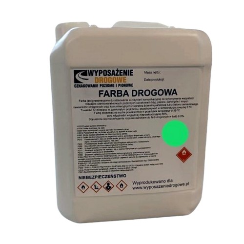 Farba drogowa zielona 5kg RAL 6024 szybkoschnąca emalia do wyznaczania pasów zieleni lub specjalnych stref na nawierzchni.