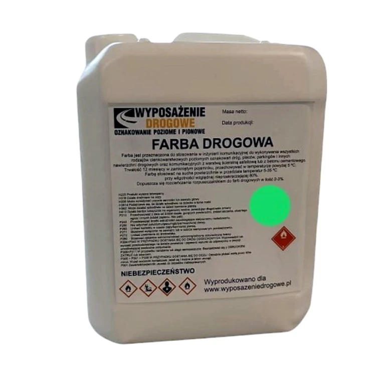 Farba drogowa zielona 5kg RAL 6024 szybkoschnąca emalia do wyznaczania pasów zieleni lub specjalnych stref na nawierzchni.