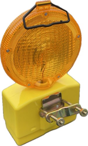 Lampa ostrzegawcza drogowa zmierzchowa żółta pulsacyjny sygnalizator świetlny poprawiający widoczność wygrodzeń po zmroku.