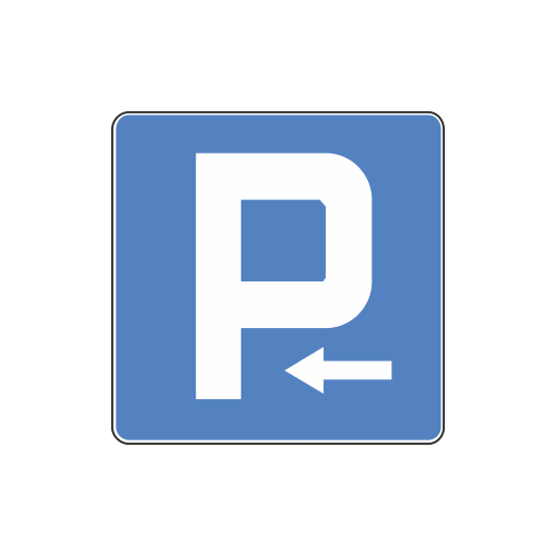 Znak D-18, parking strzałka lewo, rozmiar 600X600 , typ 1 pionowy znak drogowy wskazujący kierunek do wyznaczonego miejsca postoju.