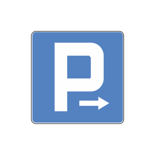 Znak D-18, parking strzałka prawo, rozmiar 600X600 , typ 1 tablica odblaskowa kierująca pojazdy na parking znajdujący się po prawej stronie.