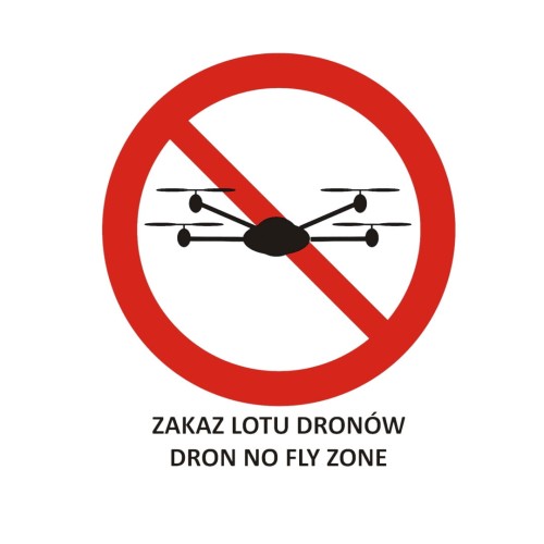 Tabliczka zakaz używania dronów 400x600mm, 1 typ wyraźny znak informacyjny zakazujący lotów bezzałogowymi statkami powietrznymi nad chronionym terenem.