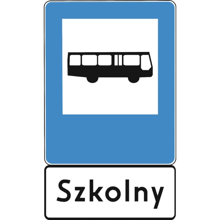 Zestaw znaków d-15 przystanek autobusowy 600x750 + tabliczka „szkolny” 250x600, 1 typ kompletne oznakowanie przystanków dedykowanych dla transportu dzieci do szkół.