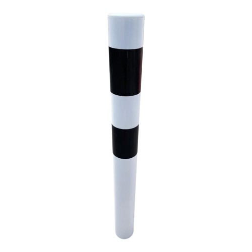 Słupek blokujący u-12c do wkopania h-1200mm fi-120mm biało czarny solidny element wygradzający o dużej średnicy, trwale montowany w gruncie dla ochrony chodników.
