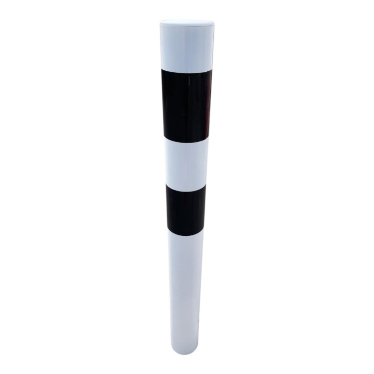 Słupek blokujący u-12c do wkopania h-1200mm fi-120mm biało czarny solidny element wygradzający o dużej średnicy, trwale montowany w gruncie dla ochrony chodników.