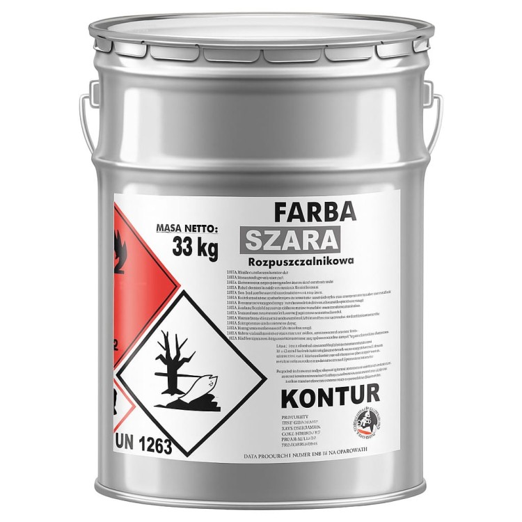 Farba drogowa KONTUR 33kg - szara RAL 7046 odporna emalia akrylowa do malowania estetycznego i maskowania na nawierzchniach betonowych.