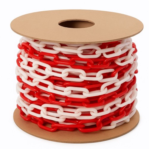 Łańcuch plastikowy 25 m biało-czerwony ogniwa z tworzywa do wyznaczania stref bezpieczeństwa.