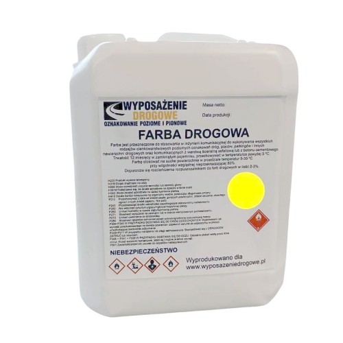 Farba drogowa żółta 5kg RAL 1023 jaskrawa farba akrylowa do malowania oznakowania poziomego tymczasowego i ostrzegawczego.