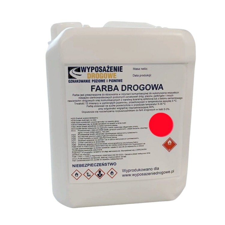 Farba drogowa czerwona 5kg RAL 3020 odporna na ścieranie farba do malowania pasów rowerowych i stref niebezpiecznych.