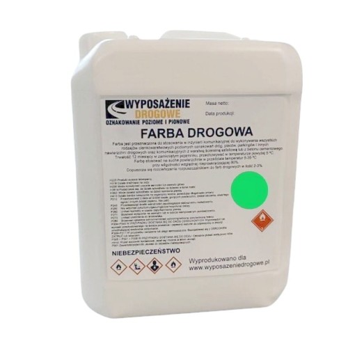 Farba drogowa zielona 5kg RAL 6024 szybkoschnąca emalia do wyznaczania pasów zieleni lub specjalnych stref na nawierzchni.