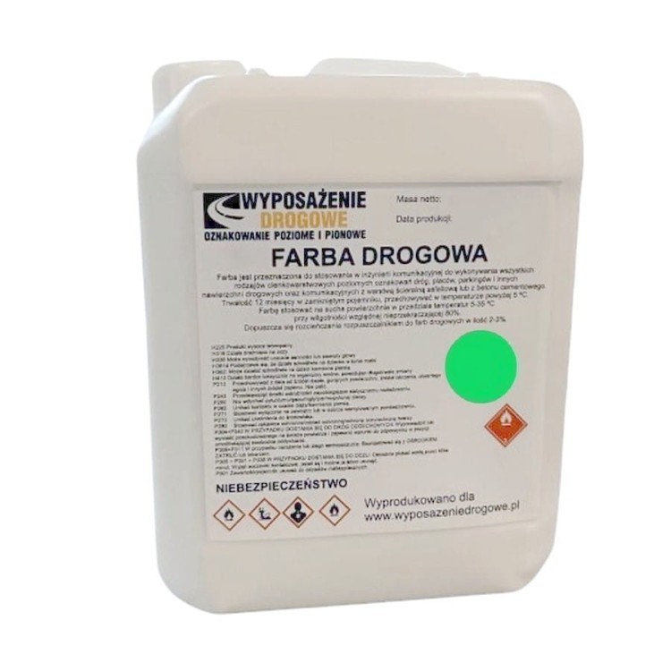 Farba drogowa zielona 5kg RAL 6024 szybkoschnąca emalia do wyznaczania pasów zieleni lub specjalnych stref na nawierzchni.
