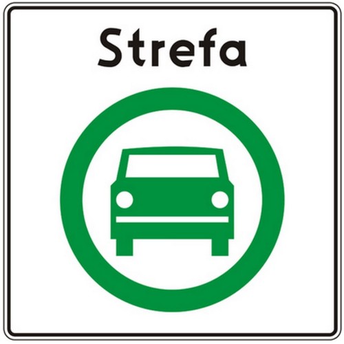 Znak d-54 strefa czystego transportu tablica informacyjna wyznaczająca granice obszaru z ograniczeniami wjazdu dla pojazdów emisyjnych.