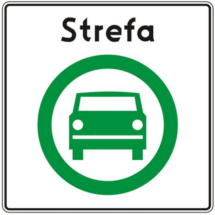 Znak d-54 strefa czystego transportu tablica informacyjna wyznaczająca granice obszaru z ograniczeniami wjazdu dla pojazdów emisyjnych.
