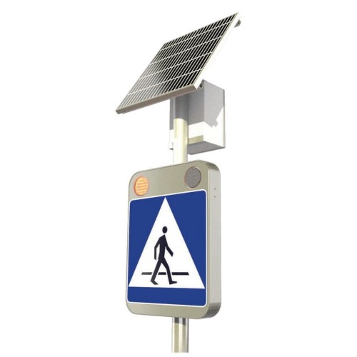 Znak aktywny d-6 sign flash z zasilaniem solarnym nowoczesny zestaw d-6 z sekwencyjnym błyskiem diod led, działający w oparciu o autonomiczną fotowoltaikę.