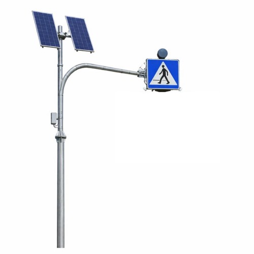 Znak aktywny d-6 kroczący ludzik z pulsatorem fi 300 dwustronny z wysięgnikiem do 6,5 mb zasilanie solarne autonomia 7-10 dni zaawansowany system z animacją pieszego.