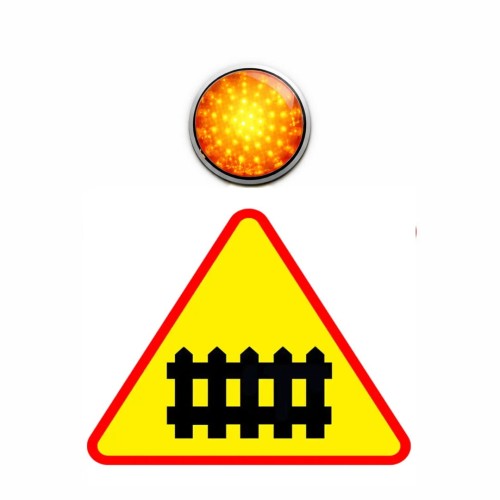 Znak aktywny a-9 900 z pulsatorem led fi 300 zasilanie solarne zestaw aktywny znak ostrzegający o przejeździe kolejowym z barierami, wyposażony w lampę fi 300.