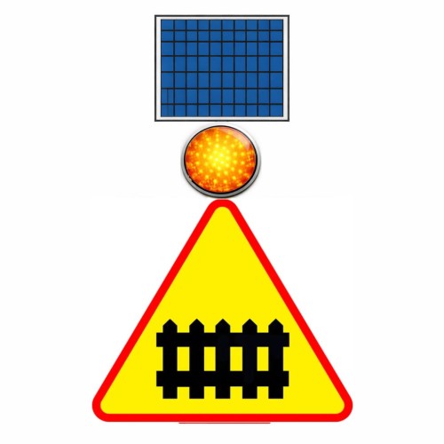 Znak aktywny a-9 900 z pulsatorem led fi 300 zasilanie solarne zestaw aktywny znak ostrzegający o przejeździe kolejowym z barierami, wyposażony w lampę fi 300.