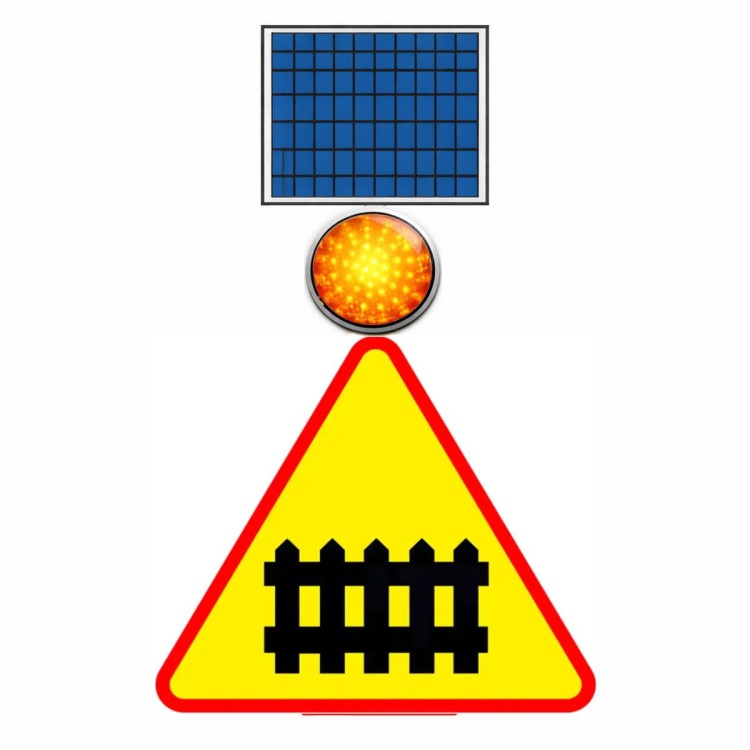 Znak aktywny a-9 900 z pulsatorem led fi 300 zasilanie solarne zestaw aktywny znak ostrzegający o przejeździe kolejowym z barierami, wyposażony w lampę fi 300.