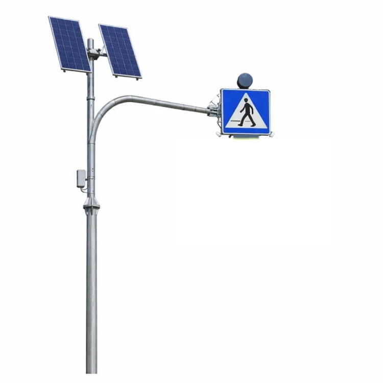 Znak aktywny d-6 dwustronny z panelem fotowoltaicznym, podświetlany z lampą fi 300 z doświetleniem przejścia kompleksowy system oświetlający sylwetkę pieszego.