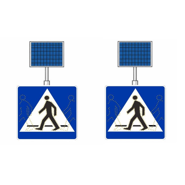 Zestaw 2 znaków aktywnych d-6 kroczący ludzik zestaw zasilany solarnie innowacyjny znak z animacją sylwetki pieszego, silnie przyciągający uwagę kierowców.