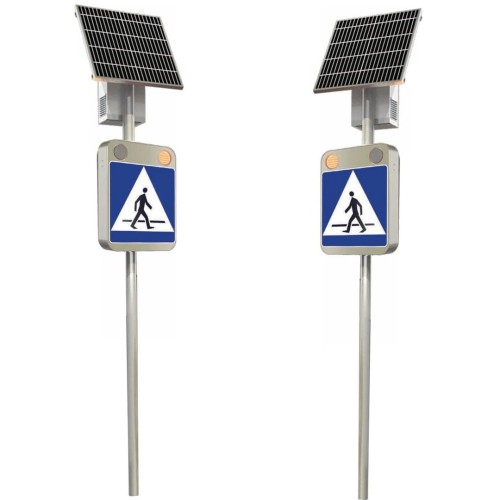 Zestaw 2 znaków aktywnych d-6 z lampami led fi 100 zasilanie solarne sign flash energooszczędne aktywne oznakowanie przejścia, gotowe do montażu w trudnych lokalizacjach.