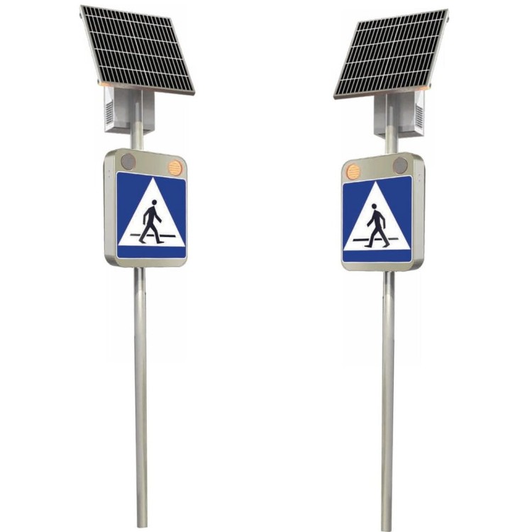 Zestaw 2 znaków aktywnych d-6 z lampami led fi 100 zasilanie solarne sign flash energooszczędne aktywne oznakowanie przejścia, gotowe do montażu w trudnych lokalizacjach.
