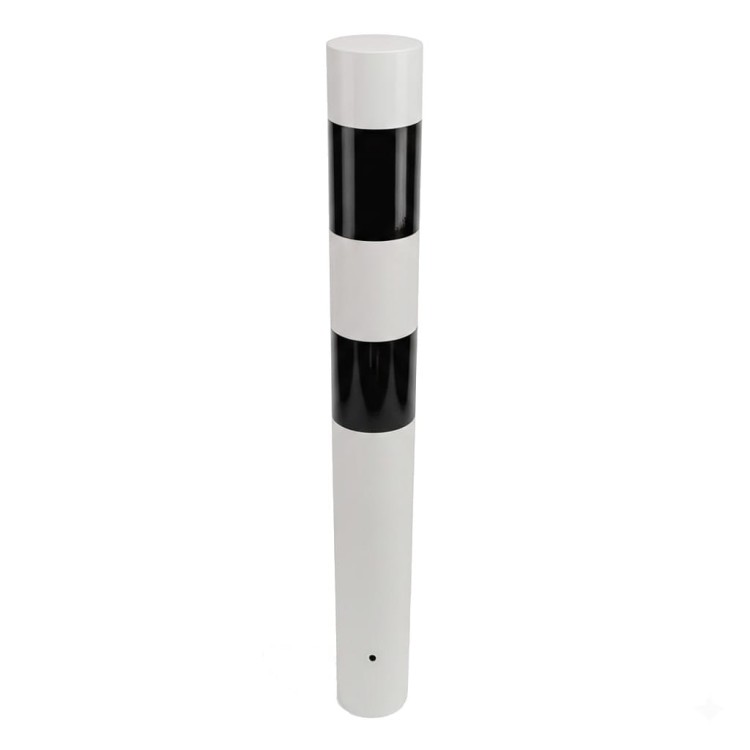 Słupek blokujący u-12c do wkopania h-1200mm fi-120mm biało czarny solidny element wygradzający o dużej średnicy, trwale montowany w gruncie dla ochrony chodników.