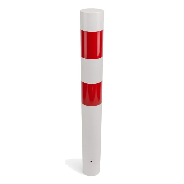 Słupek blokujący U-12c do wkopania h-1200 mm fi-120 mm biało-czerwony stalowy pylon wygradzający do osadzenia w gruncie.
