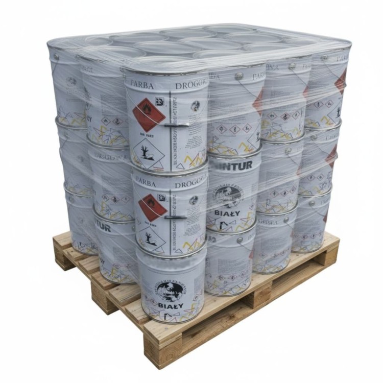 Farba drogowa kontur biała 33x33kg paleta profesjonalna emalia do poziomego znakowania dróg o wysokiej odporności na ścieranie i działanie czynników atmosferycznych.