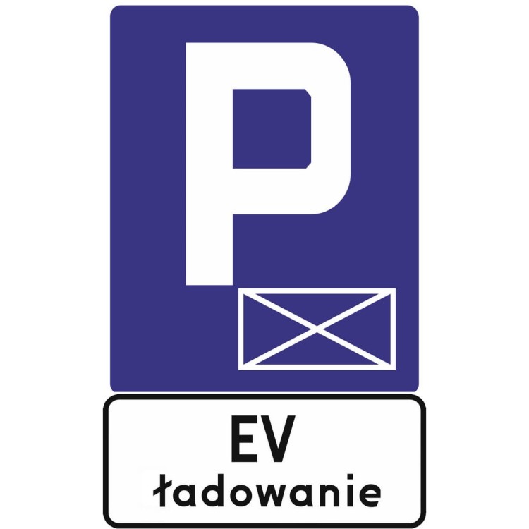 Zestaw znaków d-18a + tabl. ev ładowanie typ1 kompletny system oznakowania parkingu zastrzeżonego dla pojazdów ev w trakcie uzupełniania energii.
