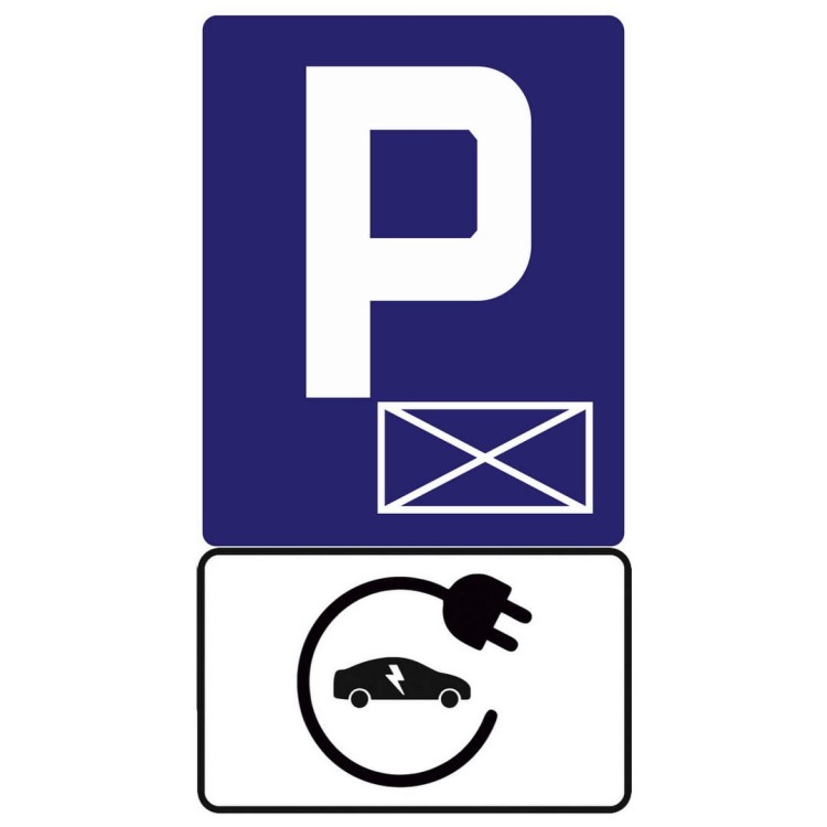 Zestaw znaków d-18a + tabl. ev grafika typ1 zestaw parkingowy z czytelnym piktogramem samochodu z wtyczką, ułatwiający identyfikację miejsc ładowania.