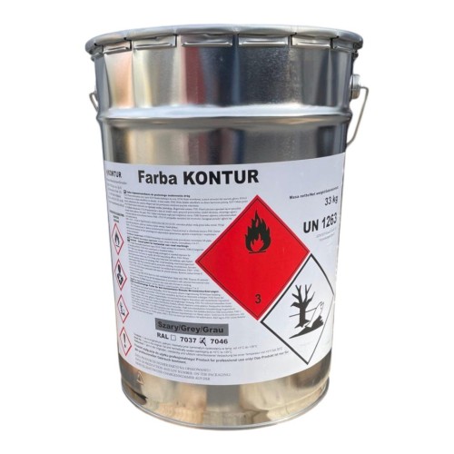 Farba drogowa KONTUR 33kg - szara RAL 7046 odporna emalia akrylowa do malowania estetycznego i maskowania na nawierzchniach betonowych.