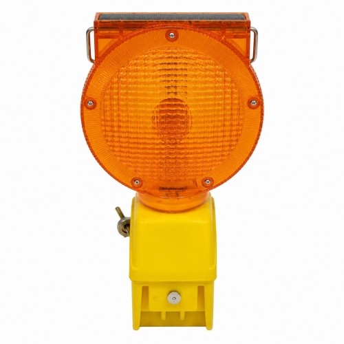 Lampa drogowa zmierzchowa - solarna żółta ekologiczna lampa ostrzegawcza zasilana panelem słonecznym z automatycznym czujnikiem. Widok z przodu