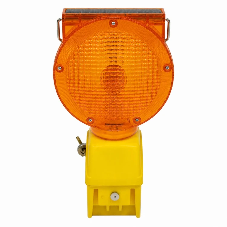 Lampa drogowa zmierzchowa - solarna żółta ekologiczna lampa ostrzegawcza zasilana panelem słonecznym z automatycznym czujnikiem. Widok z przodu