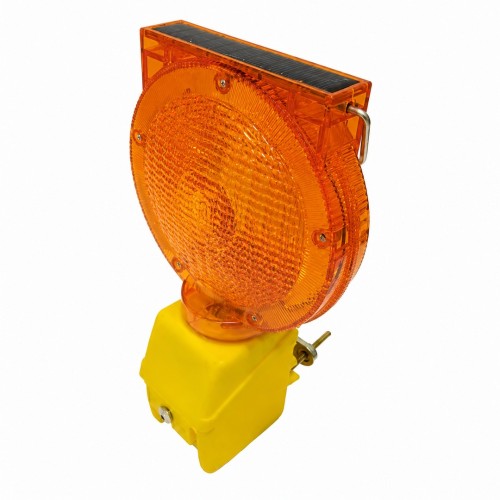 Lampa drogowa zmierzchowa - solarna żółta ekologiczna lampa ostrzegawcza zasilana panelem słonecznym z automatycznym czujnikiem. Widok z boku