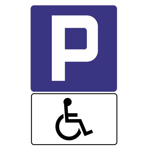 Zestaw znaków D-18 + T29 typ1 kompletna tablica parkingowa wskazująca miejsce postojowe dla osób z niepełnosprawnością.