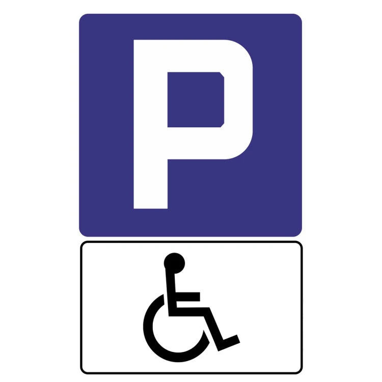 Zestaw znaków D-18 + T29 typ1 kompletna tablica parkingowa wskazująca miejsce postojowe dla osób z niepełnosprawnością.