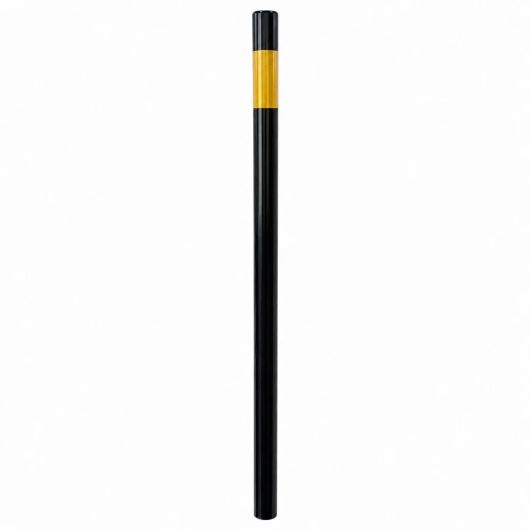 Słupek u-12c blokujący fi 60.3 mm h 1500 mm wersja do wkopania czarno żółty solidny element blokujący wjazd, przeznaczony do trwałego osadzenia w gruncie lub betonie.