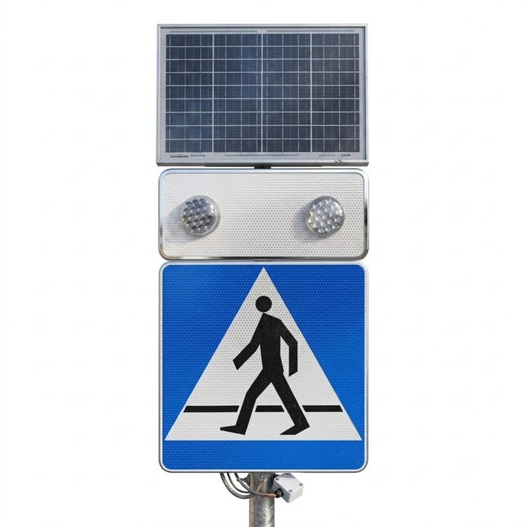 Panel solarny i tablica z pulsatorami do zastosowania ze znakiem przejście dla pieszych.