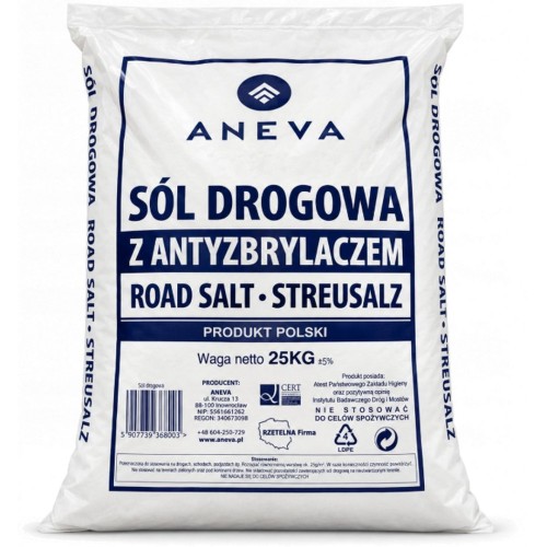 Sól drogowa z antyzbrylaczem gruboziarnista skuteczny środek do zwalczania śliskości zimowej na drogach i chodnikach.