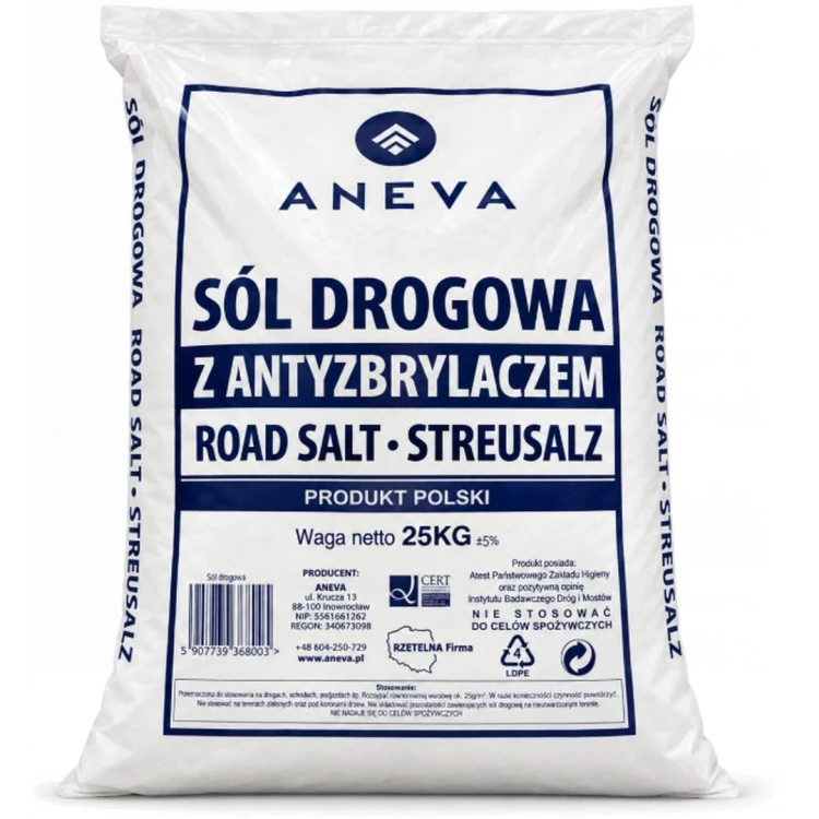 Sól drogowa z antyzbrylaczem gruboziarnista skuteczny środek do zwalczania śliskości zimowej na drogach i chodnikach.