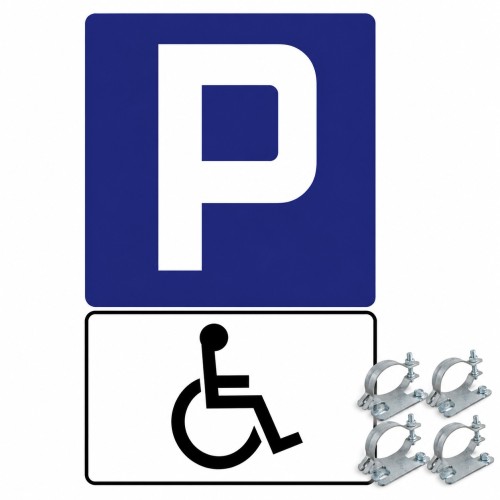 Zestaw znaków D-18 + T29 typ1 kompletna tablica parkingowa wskazująca miejsce postojowe dla osób z niepełnosprawnością.
